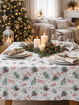 Скатерть льняная Новогодние шишки без салфеток