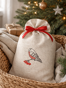 Мешочек льняной с вышивкой Снегирь на веточке