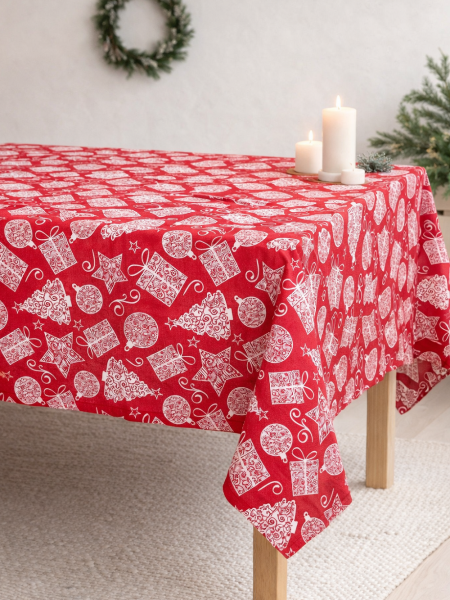 Скатерть льняная Новогодний коллаж без салфеток