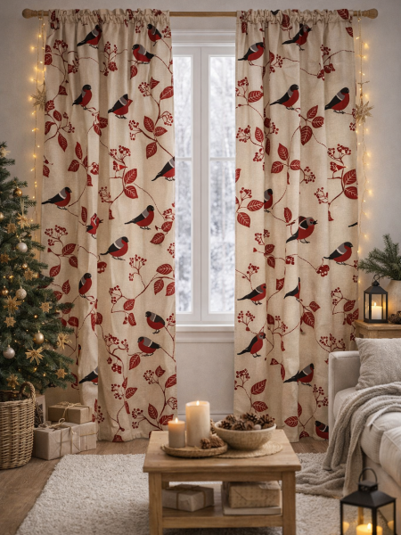 Шторы льняные Снегири
