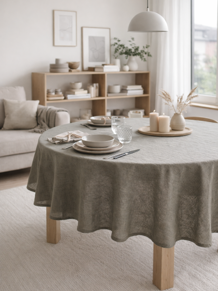Скатерть круглая изо льна оливковая без салфеток