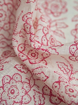 Ткань льняная Кружевные цветы красные