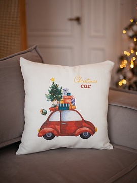 Декоративная наволочка изо льна Машина с ёлкой