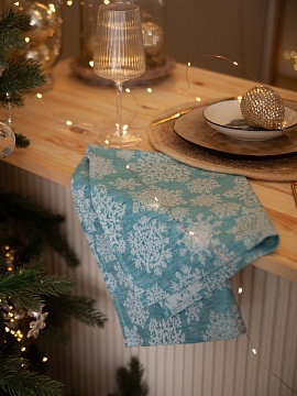 Полотенце льняное Снежинки на голубом