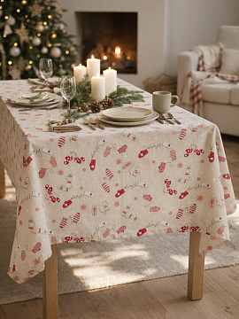 Скатерть льняная Варежки Новогодние без салфеток