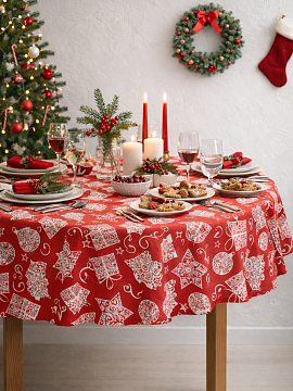Скатерть круглая изо льна Новогодний коллаж без салфеток