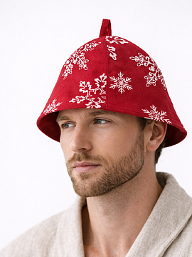 Шапка льняная для бани новогодняя цвет красный