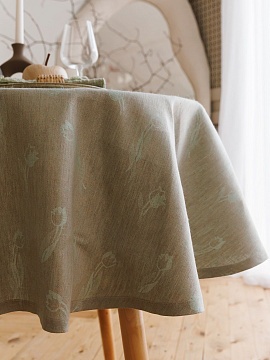 Скатерть льняная круглая Тюльпаны цвет голубой без салфеток