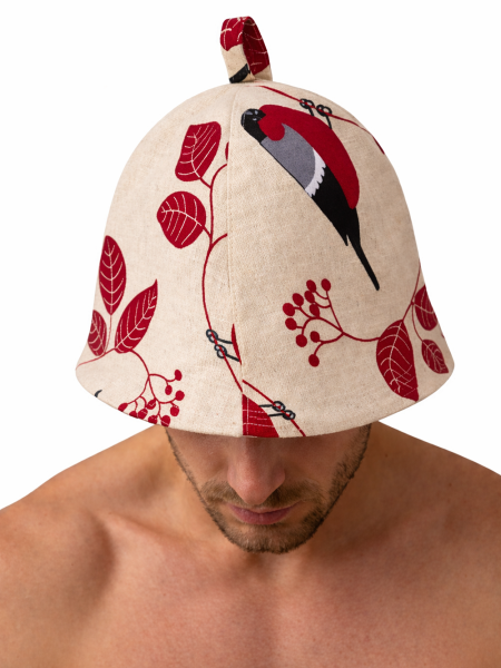 Шапка льняная для бани рисунок Снегири