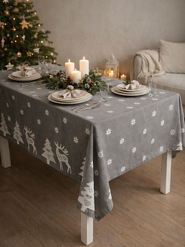 Скатерть льняная Олень на сером без салфеток