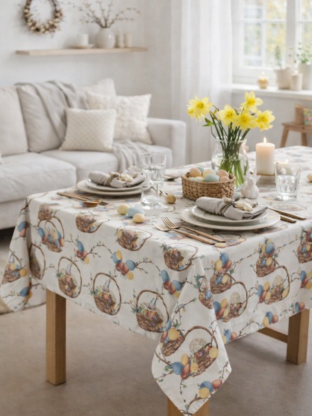 Скатерть льняная Пасхальные куличи без салфеток
