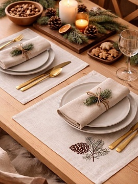 Салфетка льняная белая с вышивкой Сосновая шишка