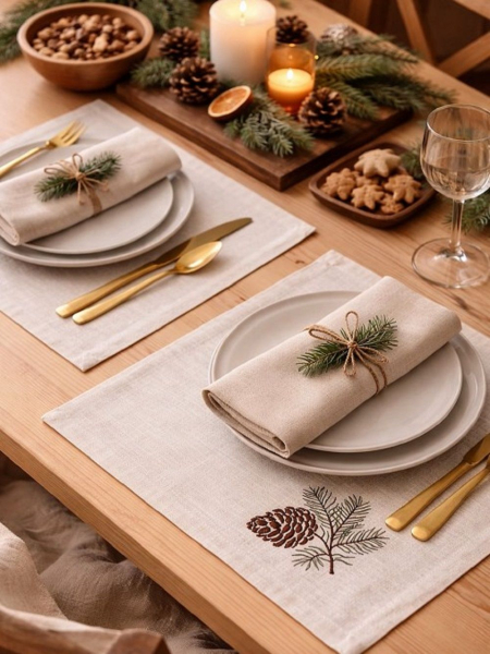 Салфетка льняная белая с вышивкой Сосновая шишка