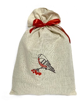 Мешочек льняной с вышивкой Снегирь на веточке