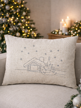 Декоративная наволочка изо льна Зимняя деревня цвет серый