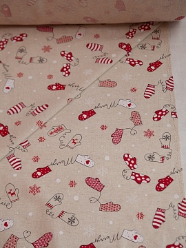 Ткань льняная Варежки новогодние