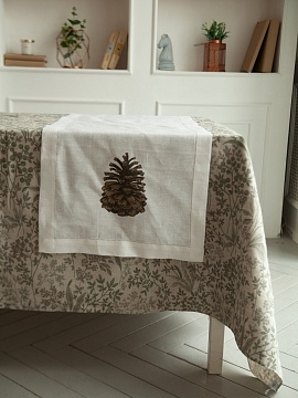Дорожка льняная Шишка на белом
