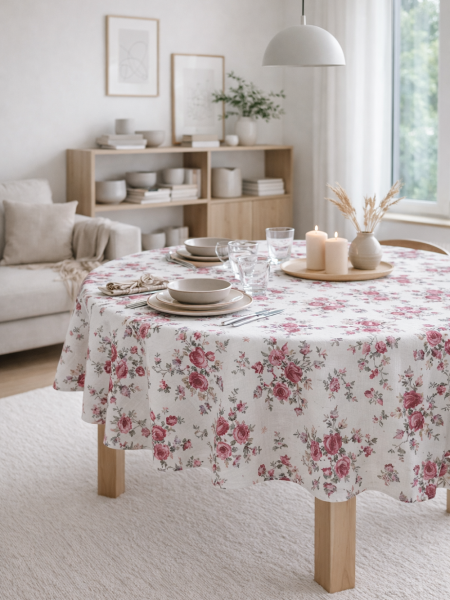 Скатерть льняная Розы круглая без салфеток