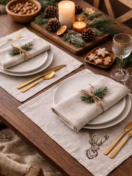 Салфетка льняная серая с вышивкой Олень