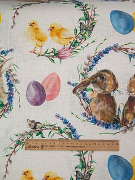 ОСТАТОК меньше метра Ткань льняная Пасхальные кролики