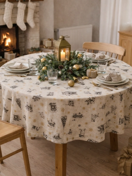 Скатерть льняная Рождественские истории круглая без салфеток