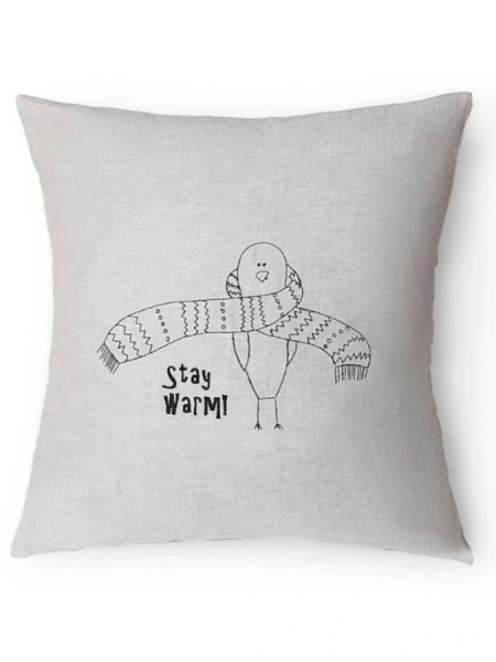 Декоративная наволочка изо льна Птица в шарфе