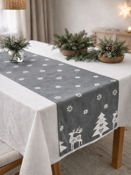 Дорожка льняная Сказка на Рождество цвет серый