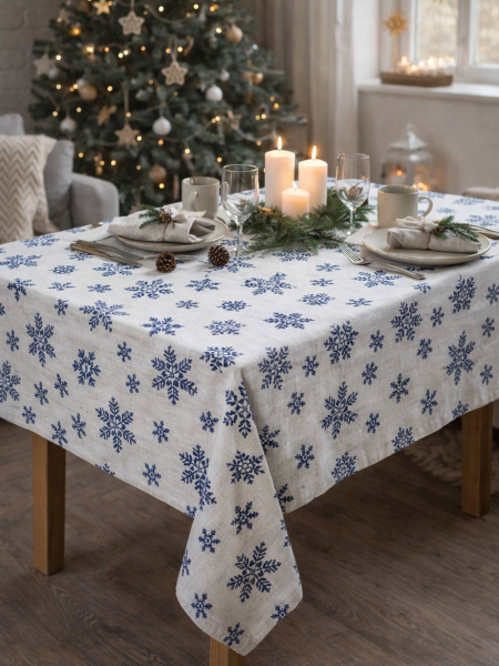 Скатерть льняная Кружевные снежинки без салфеток